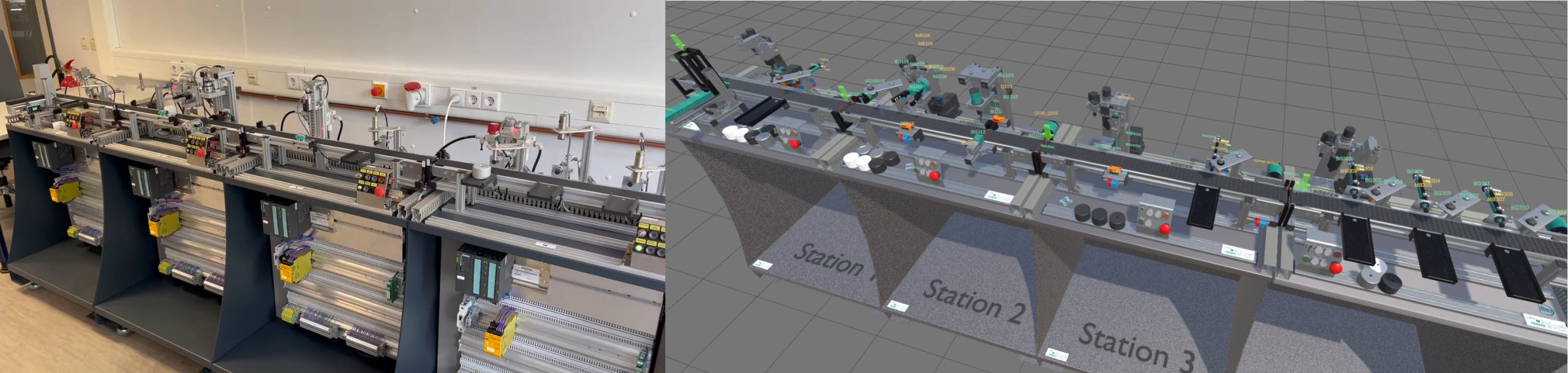 Links: Reale mechatronische Lernfabrik von Köster Systemtechnik. Rechts: Umsetzung als 3D-Simulation für die Mechatronik Simulation Wall. CP Lab, ERP-Lap, praktische Lehrsysteme, Mechatronische Systeme, Lernfabrik, Industrie 4.0 Trainingssysteme, Didaktische Systeme für die Mechatronik.